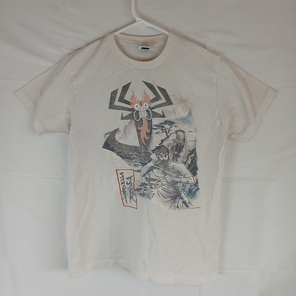 Samurai Jack Cartoon Network White Graphic T-Shirt Mens Small Aku Anime Promo